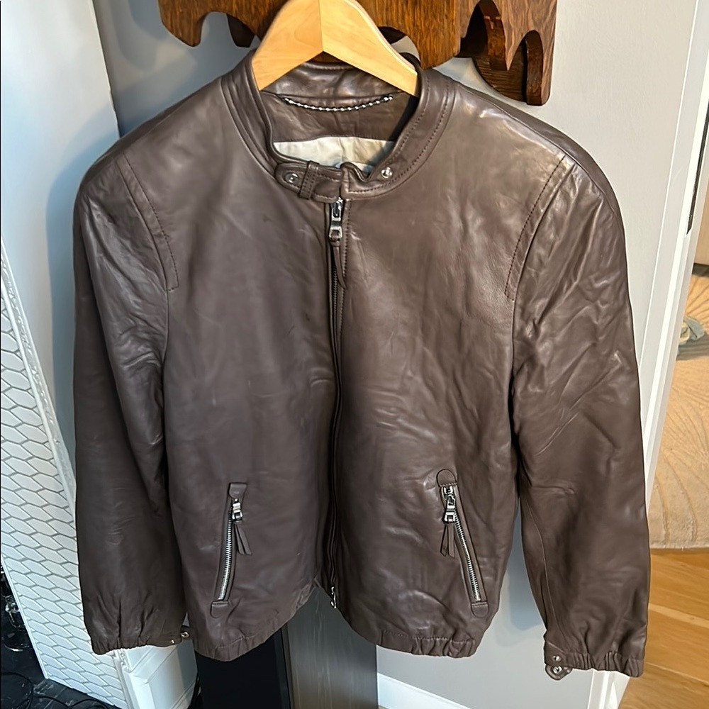 COACH Women's Lt. Brown 100% Leather Bomber Style Zipper Pocket Jacket Size L